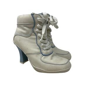 VTG Y2K SPLASH Boots Womens 6.5 Off-White Light Blue Woven Lace-Up Flared Heel